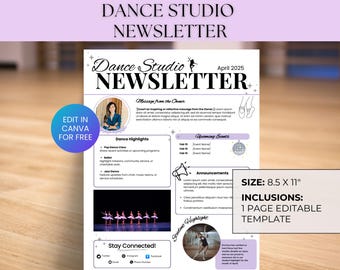 ダンスCanvaニュースレターテンプレート、編集可能なダンスクラブニュースレター、ダンススタジオマーケティングレター、ダンススクールメール、ダンスチームチラシ