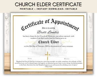 Editable Church Elder Certificate of Appointment, Church Printable Certificate of Appreciation, Church Leadership, Canva Church Template