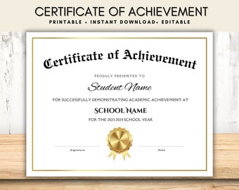 Editable Certificate of Achievement Award, End of the year student certificates, Student of the Month, Certificate template for Students