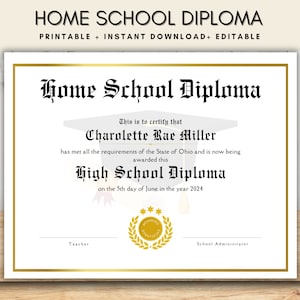 Plantilla de diploma de escuela secundaria, diploma de escuela secundaria editable para estudiantes en casa, diploma de escuela en casa imprimible para graduación, diploma personalizado