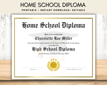 High School Diploma Template, Editable High School Diploma for home schoolers, Printable Home School Diploma for Graduation, Custom Diploma