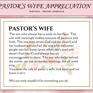 Certificazione di apprezzamento per la moglie del pastore, moglie del pastore, regalo della moglie del pastore, apprezzamento del pastore, cartello stampato della moglie del pastore
