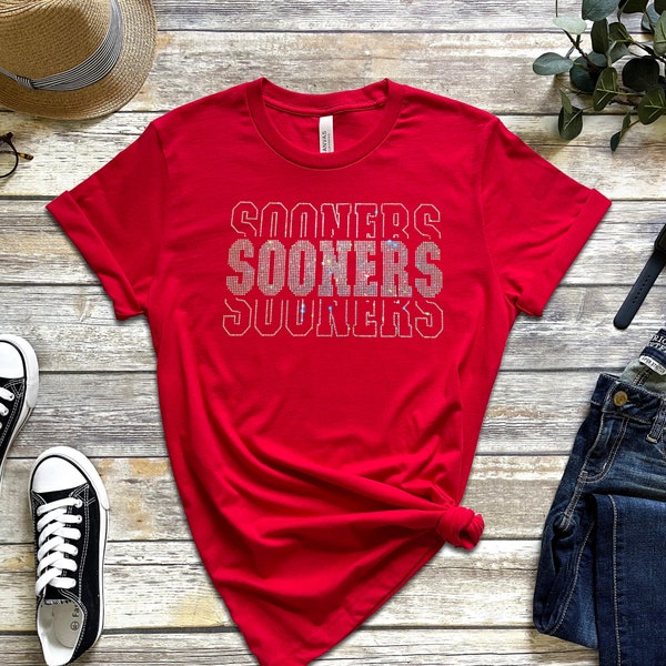 Sooner Rhinestone Shirt, Oklahoma Tshirt, Boomer Tee, Sooner Shirts, OU Football, Red/White, Sooners Tshirt, Ou Game Day Shirt, Bling Tshirt