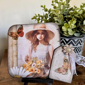 Mixed media flower girl Wood daisy print shelf sitter, Mothers Day gift, shelf sitter, wood tiered sitter, spring decor, gifts for her