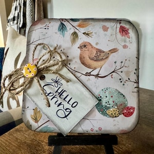 Bird Print Wood Shelf Sitter: Spring Tiered Tray Decor