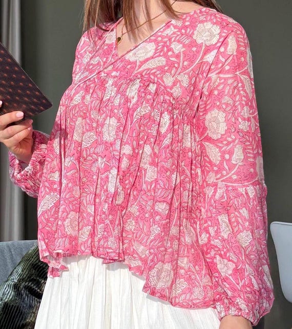 SPÉCIAL PRICE. Shop closes. Kostenloser Versand, Leichte rosa Baumwollbluse handgefertigt- Boho-Bluse, Frühling, Umstandsmode, cotton