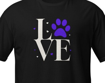 May include: Black t-shirt with a white graphic of the word "LOVE" with a purple paw print replacing the "O".