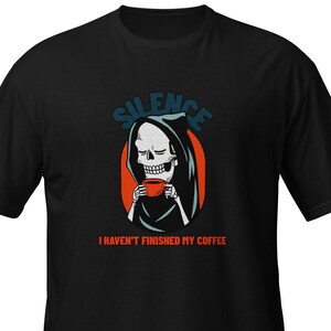 Coffee Skeleton T-shirt, Caffeine Lover Shirt, Skeleton and Coffee Top, Quirky Coffee Graphic Shirt, Coffee Addict Clothing