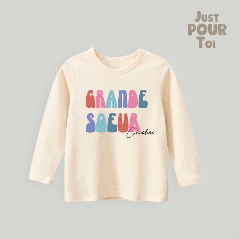 Personalized Grande Soeur Shirt Retro Sibling Tee for Toddlers Cute Natural Big Sister Shirt Name Shirt image 2