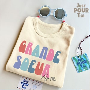 Personalized Grande Soeur Shirt - Retro Sibling Tee for Toddlers - Cute Natural Big Sister Shirt - Name Shirt