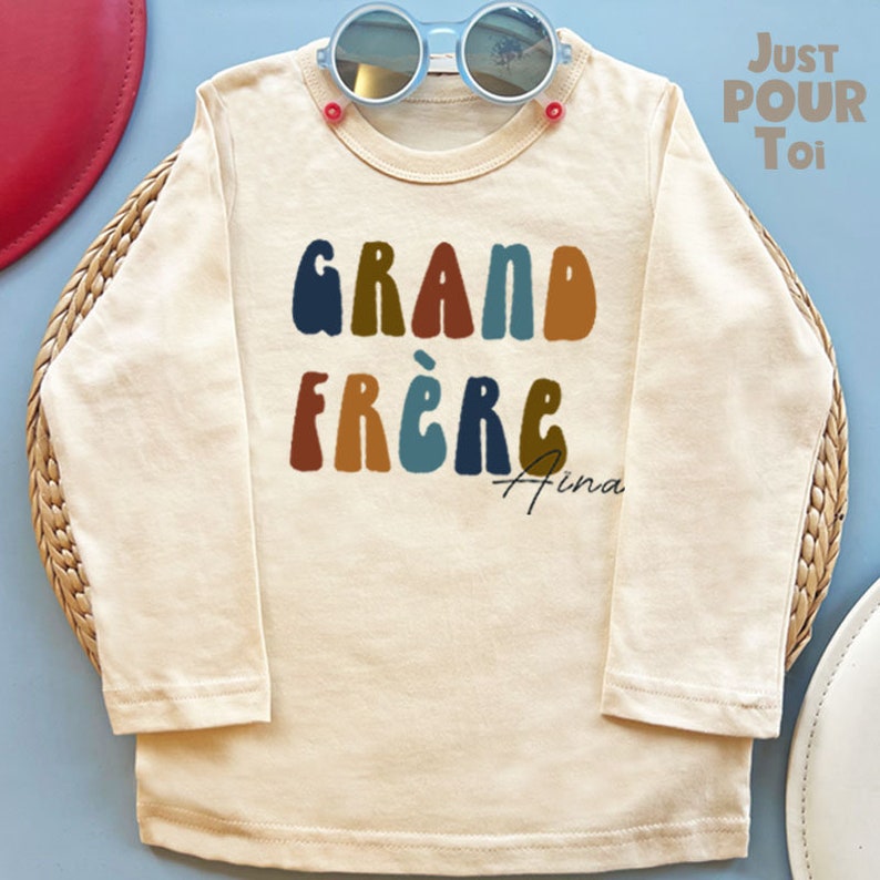 Personalized Grand Frère Shirt Eco-Friendly French Sibling Tee Pregnancy Announcement Shirt Custom Big Brother Name Shirt image 4