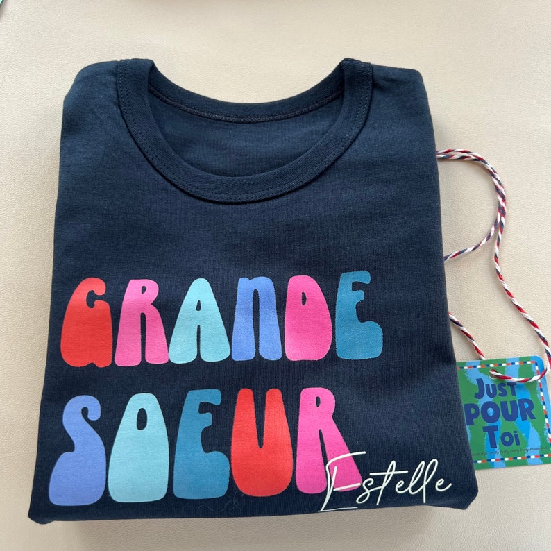 Personalized Grande Soeur Shirt Retro Sibling Tee for Toddlers Cute Natural Big Sister Shirt Name Shirt image 10