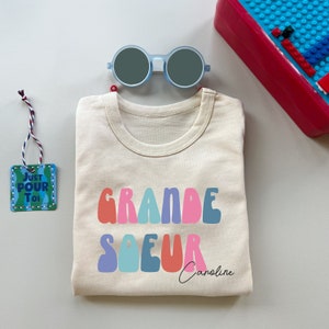 Personalized Grande Soeur Shirt Retro Sibling Tee for Toddlers Cute Natural Big Sister Shirt Name Shirt image 3