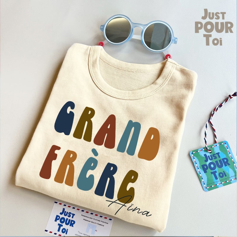 Personalized Grand Frère Shirt Eco-Friendly French Sibling Tee Pregnancy Announcement Shirt Custom Big Brother Name Shirt image 1