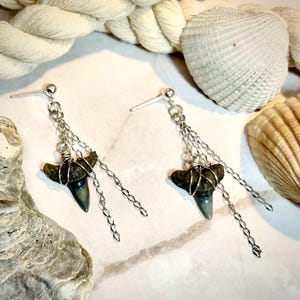 May include: A pair of silver-toned dangle earrings featuring shark teeth. Each earring has a post, a small chain, and a shark tooth wrapped in silver wire. The shark teeth are gray and black. The background includes seashells and rope.