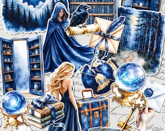 May include: A collage of watercolor illustrations featuring a woman in a blue gown, books, a raven, a globe, a crystal ball, and a full moon. The color palette is primarily blue and gold, creating a mystical and fantasy theme.