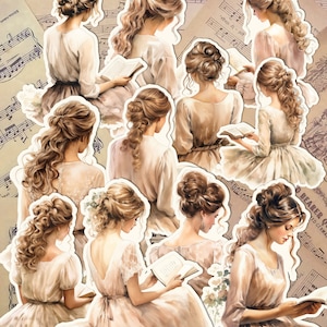 VINTAGE Lot de 11 Autocollants Vintage femme lisant / filles pour la Tenue d'un Journal | Scrapbooking | Kunsthandwerk | Kunsthandwerk •