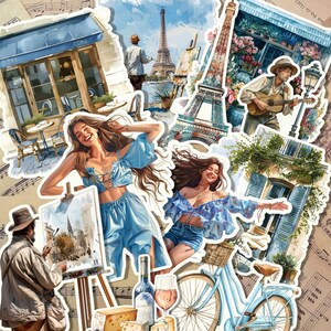 Conjunto de adesivos autocolantes L'été em Paris para a criação de um diário, scrapbooking, bricolage, arte à la main.