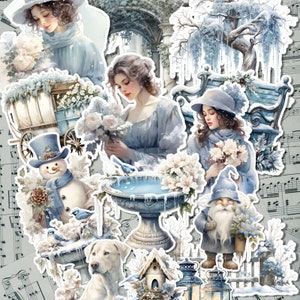 Lote de 15 adesivos de inverno Cosy Cottage Bleu para diário | Álbum de recortes | Artesão | Artes da principal •