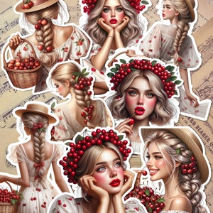 Set di bellissime ragazze color ciliegia per la scrittura di un diario, lo scrapbooking, l'artigianato e l'arte manuale.