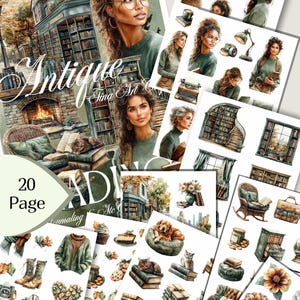 Peut inclure: Un ensemble de 20 pages d'autocollants sur le thème des antiquités, avec des illustrations d'une librairie, d'une cheminée, de livres, de femmes, de chats, de chiens et d'autres éléments confortables. Les autocollants sont de style aquarelle avec une esthétique vintage.