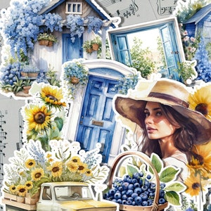 Lote de 15 autocolantes Bleu Jaune Cottage | Álbum de recortes | Artesão | Artes da principal •
