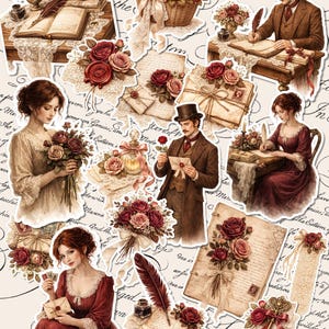 May include: A collection of vintage-style stickers featuring illustrations of roses, letters, and people in Victorian attire. The stickers have a sepia tone and include elements like bouquets, baskets, and writing implements.