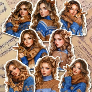 Set di bellissime ragazze invernali che tengono in mano graziosi conigli o orsetti per scrivere un diario, scrapbooking, artigianato, HandArts.