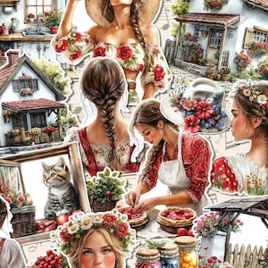 Lote de 17 pegatinas de la vida en el pueblo y la elaboración de mermeladas en primavera para diario, scrapbooking, manualidades y manualidades.