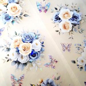 My DESIGN My PET TAPE pour journal, scrapbooking, travaux manuels, boucle d'art à la main 100 cm x7 cm, fleurs Shinning Cream & Blue Roses