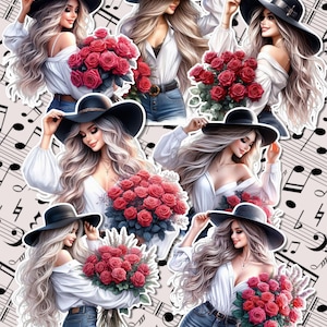 Gruppo di bellissime ragazze che indossano un cappello nero e tengono in mano fiori rossi mentre scrivono un diario, realizzano scrapbooking, artigianato, HandArts.