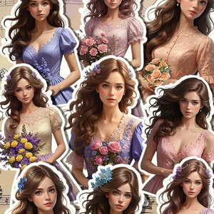 Set di 9 bellissime donne che tengono fiori e indossano abiti dentelle per diario/scrapbooking/artigianato/arti manuali •
