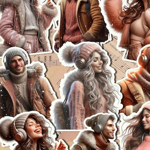 Ensemble de belles filles d'hiver tenant des lapins ou des ours mignons pour la journalisation, le scrapbooking, l'artisanat, les travaux manuels.