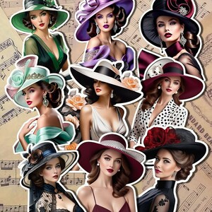 Conjunto de 9 mulheres vintage com um grande chapéu para a posse de um diário, le scrapbooking, l'artisanat, l'art de la main