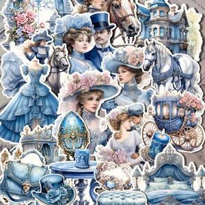 Lote de 12 ou 25 adesivos azuis vintage para a posse de um diário | Álbum de recortes | Artesão | Artes da principal •