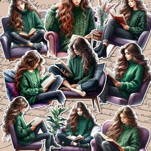 Set of Beautiful Reading girls sitting in cozy corner for journaling , le scrapbooking, Crafts, HandArts.