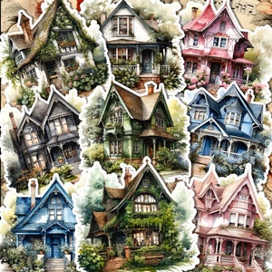 Ensemble de 9 maisons forestières colorées pour la journalisation, le scrapbooking, l'artisanat, les arts manuels.