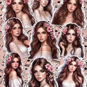 Ensemble de belles filles avec des fleurs dans les cheveux pour la tenue d'un journal, le scrapbooking, l'artisanat, les travaux manuels.