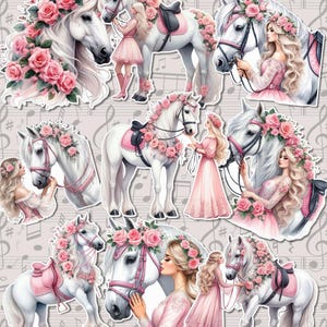 Lot de 9 belles filles avec de beaux chevaux roses roses pour journaliser, le scrapbooking, des travaux manuels, des travaux manuels