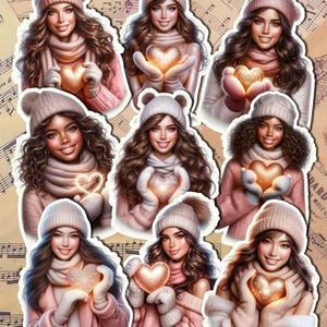 Lot de 9 belles filles d'hiver douillettes tenant un coeur lumineux pour tenir un journal, le scrapbooking, des travaux manuels, des travaux manuels.