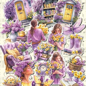 Lote de 17 pegatinas preciosas de color amarillo violeta primaveral para diario, scrapbooking, manualidades y manualidades.