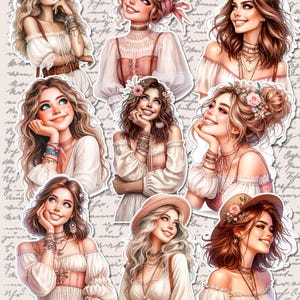Set di bellissimi adesivi raffiguranti ragazze pensanti, per la tenuta di un diario, lo scrapbooking, l'artigianato e l'arte manuale.