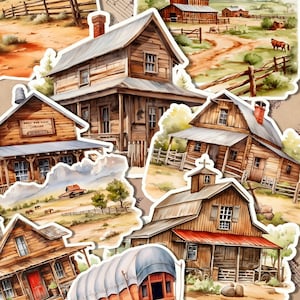Ensemble de maisons en bois et Pysage weetern pour la journalisation, le scrapbooking, l'artisanat, l'art à la main