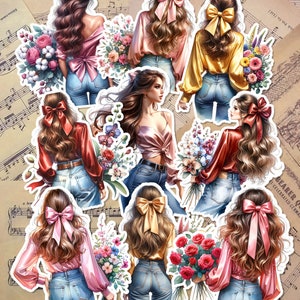 Conjunto de lindas meninas de laço para diário, scrapbooking, artesanato e artes manuais.