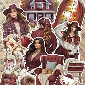 Lot de 14 stickers Rouge vineux automne pour tenir un journal | Scrapbooking | Artisanat| Arts de la main •