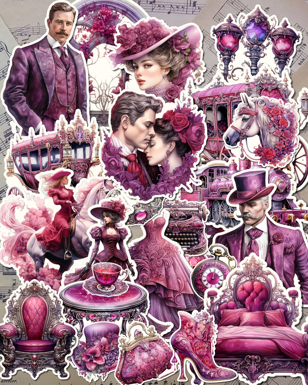 Bundle of 25 or 12 Pics Stickers Crimson Color Victorian Life in Poster ...