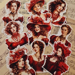 Lotto di 9 adesivi vintage Girls in Red wine per la redazione di un diario, lo scrapbooking e i lavori manuali