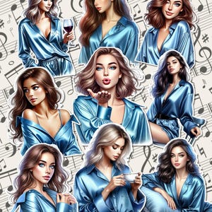Ensemble de belles filles vêtues d'un pyjama en satin bleu pour tenir un journal, le scrapbooking, l'artisanat, les travaux manuels.