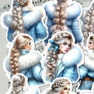 Set di bellissime ragazze invernali che indossano una giacca blu per il diario, lo scrapbooking, l'artigianato e l'arte manuale.