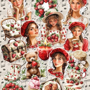 Lot de 17 stickers Fraise printanière | Scrapbooking | Artisanat| Arts de la main •